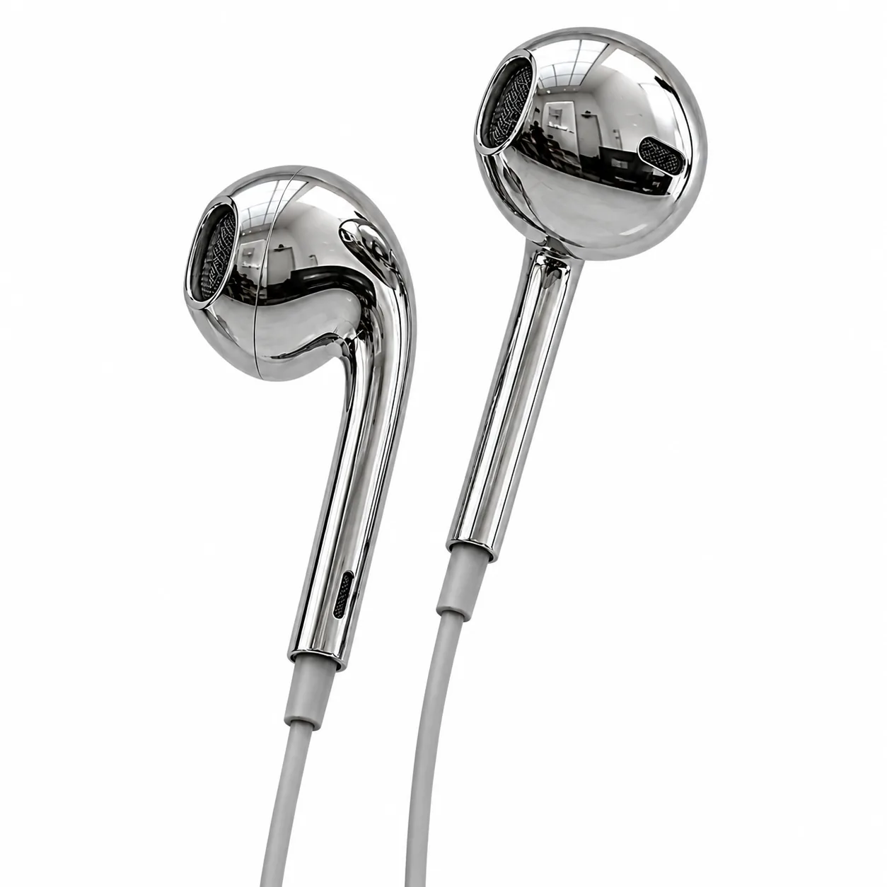 Chrome earbuds shown from the front