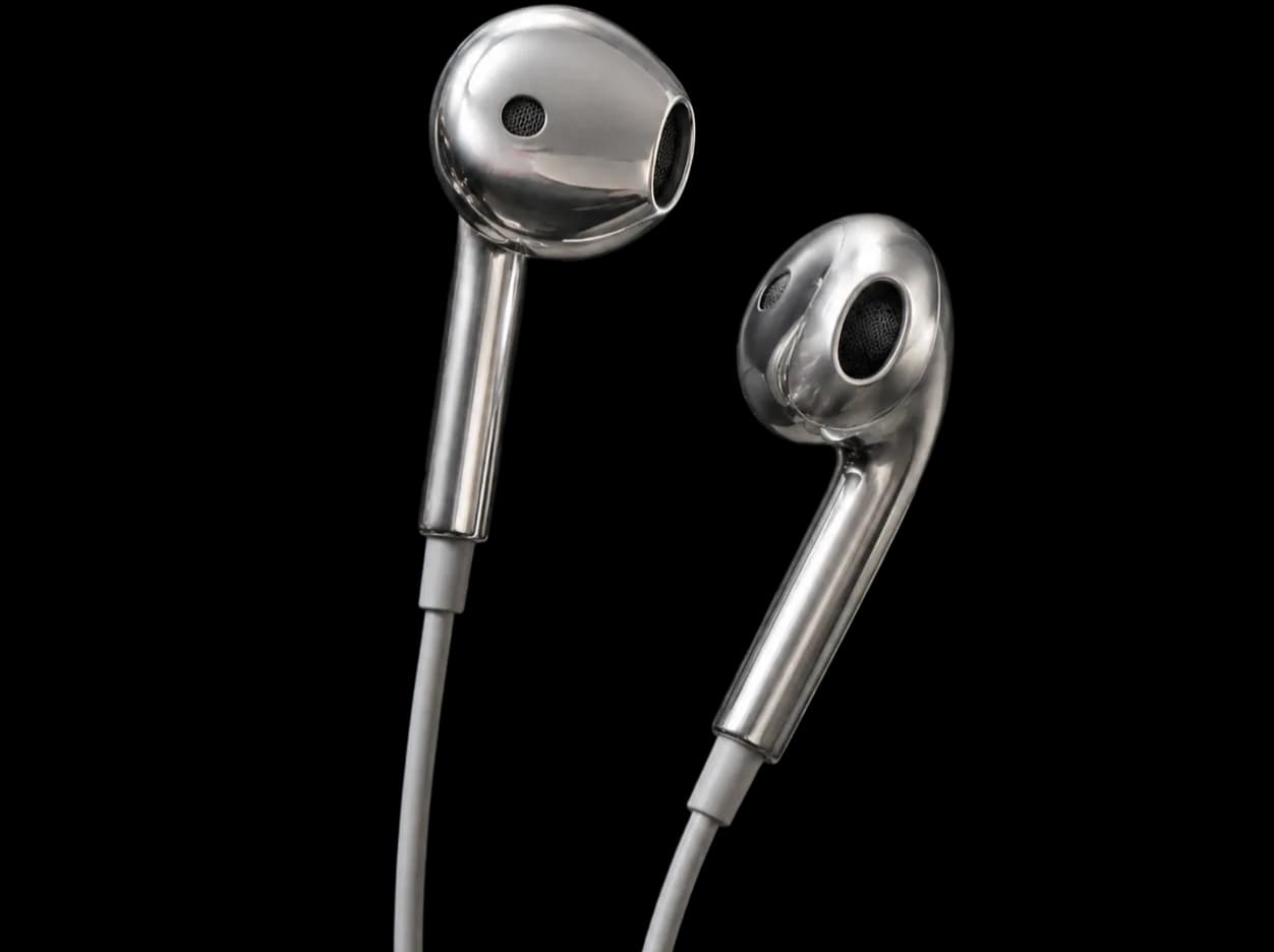Silver chrome-finish wired earbuds with USB-C cable